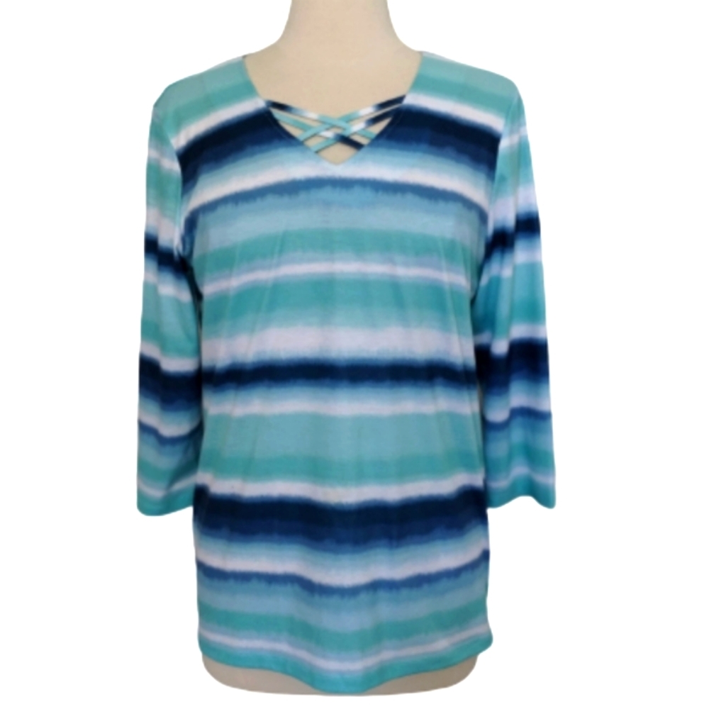 ALLISON DALEY Top Criss Cross V-neck Blue Teal Stretch